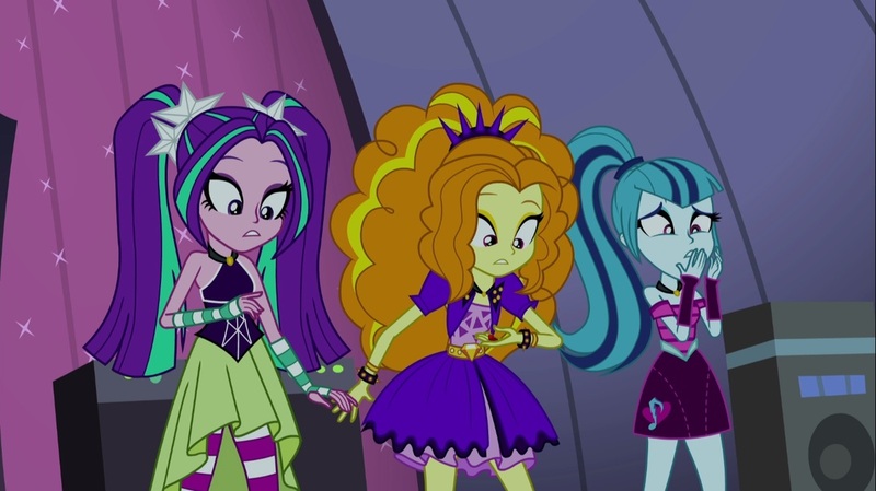 Size: 1100x618 | Tagged: safe, derpibooru import, screencap, adagio dazzle, aria blaze, sonata dusk, equestria girls, rainbow rocks, clothes, dress, female, skirt, sleeveless, socks, striped socks, the dazzlings, trio