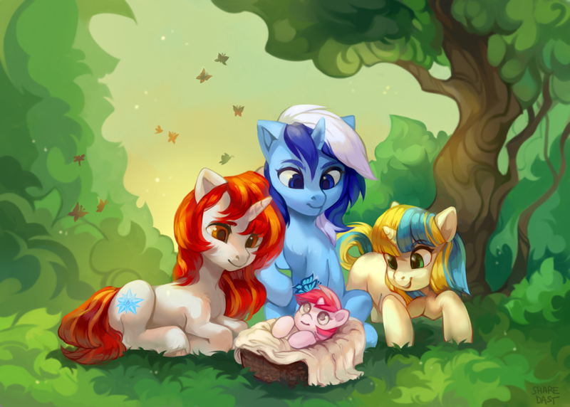 Size: 1024x732 | Tagged: safe, artist:share dast, derpibooru import, minuette, oc, oc:crystal nova, oc:starlight, butterfly, pony, unicorn, fanfic, baby, baby pony, commission, cute, family, family photo, fanfic art, female, filly, foal, forest, grass, mare, scenery, smiling, tree