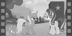 Size: 640x320 | Tagged: safe, derpibooru import, edit, edited screencap, screencap, starlight glimmer, trixie, pony, unicorn, equestria daily, no second prances, black and white, female, film reel, grayscale, mare, monochrome