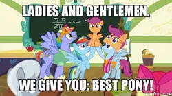 Size: 600x337 | Tagged: safe, derpibooru import, edit, edited screencap, screencap, bow hothoof, rainbow dash, scootaloo, windy whistles, pony, parental glideance, best pony, image macro, meme, rainbow dash's parents, scootalove, truth