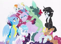 Size: 813x578 | Tagged: safe, artist:frozensoulpony, derpibooru import, oc, oc:astral spark, oc:evening sprite, oc:kiwi, oc:mango blossom, oc:morning glory, oc:radiance, oc:strawberry essence, unofficial characters only, earth pony, mule, pegasus, pony, unicorn, clothes, colt, female, filly, male, mare, offspring, offspring's offspring, parent:party favor, parent:pinkie pie, parents:partypie, socks, traditional art