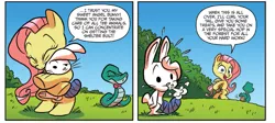 Size: 1383x619 | Tagged: safe, artist:jay fosgitt, derpibooru import, idw, angel bunny, fluttershy, rupert, pegasus, pony, rabbit, semi-anthro, snake, spoiler:comic, spoiler:comic54, bipedal, bowtie, broken leg, cast