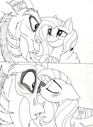 Size: 4776x6520 | Tagged: safe, artist:celestial-rainstorm, derpibooru import, discord, fluttershy, absurd resolution, black and white, discoshy, female, grayscale, heartofadraconequus, kissing, looking, male, monochrome, shipping, straight