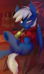 Size: 720x1200 | Tagged: safe, artist:tangomangoes, derpibooru import, oc, oc:silver tongue, unofficial characters only, bat pony, pony, bottle, commission, drunk, male, smiling, solo, stallion
