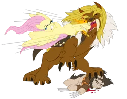 Size: 1280x999 | Tagged: semi-grimdark, artist:edcom02, artist:jmkplover, derpibooru import, fluttershy, ponified, big cat, earth pony, pegasus, pony, saber-toothed cat, angry, antagonist, anti-hero, bone spike projection, claws, crossover, fangs, furious, hero, heroine, kick, marvel, marvel comics, mutated pony, rage, sabretooth, sharp teeth, simple background, tears of anger, teary eyes, teeth, transparent background, unconscious, wolverine