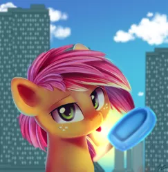 Size: 1892x1943 | Tagged: safe, artist:php69, derpibooru import, babs seed, earth pony, pony, building, female, filly, floating object, food, popsicle, solo, sun, tongue out