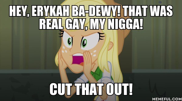 Size: 600x334 | Tagged: safe, derpibooru import, edit, edited screencap, screencap, applejack, equestria girls, rainbow rocks, image macro, meme, solo, the boondocks, vulgar