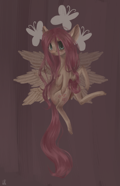 Size: 1000x1550 | Tagged: safe, artist:wopphank, derpibooru import, fluttershy, pegasus, pony, head turn, looking at you, solo, spread wings, stray strand, wings