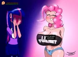 Size: 1024x745 | Tagged: suggestive, artist:ringteam, derpibooru import, pinkie pie, twilight sparkle, human, big breasts, blushing, blushing profusely, bra, breasts, busty pinkie pie, buy some apples, clothes, covering eyes, daisy dukes, embarrassed, eyes closed, female, huge breasts, humanized, impossibly large breasts, lesbian, patreon, patreon logo, shipping, shirt, shorts, smiling, tube top, twinkie