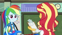 Size: 300x168 | Tagged: safe, derpibooru import, edit, edited screencap, screencap, rainbow dash, sunset shimmer, comic:a new change, fanfic, equestria girls, the science of magic, bad edit, pregnant, pregnant edit, teen pregnancy