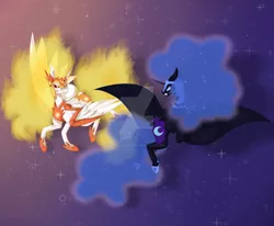 Size: 1280x1054 | Tagged: safe, artist:kellysofabender, derpibooru import, daybreaker, nightmare moon, alicorn, pony, a royal problem, confrontation, flying, frown, glare, looking at each other, obtrusive watermark, watermark