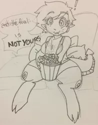 Size: 1793x2284 | Tagged: artist:/d/non, breasts, couch, derpibooru import, eating, female, food, oc, oc:thistle, offspring, parent:spike, popcorn, safe, satyr, soap opera, solo, television, unofficial characters only