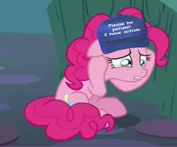 Size: 336x278 | Tagged: safe, derpibooru import, edit, edited screencap, screencap, pinkie pie, earth pony, pony, rock solid friendship, autism, cap, cropped, crying, hat, meme, please be patient i have autism, sad, solo