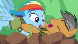 Size: 759x433 | Tagged: safe, derpibooru import, screencap, quibble pants, rainbow dash, earth pony, pegasus, pony, stranger than fan fiction, eyes closed, female, happy, laughing, male, mare, rock pit, shipping fuel, stallion, tackle