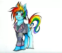 Size: 1078x914 | Tagged: safe, artist:dreamingnoctis, derpibooru import, rainbow dash, pony, 80s, alternate hairstyle, ankh, buttons, clothes, deathrock, eyeliner, goth, ink, jacket, leather jacket, makeup, punk, simple background, solo, spikes, studs, traditional art, white background