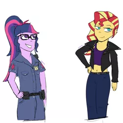 Size: 1280x1280 | Tagged: safe, artist:umbraamethyst, derpibooru import, sci-twi, sunset shimmer, twilight sparkle, equestria girls, alternate costumes, alternate universe, belly button, clothes, female, lesbian, midriff, police, police officer, police uniform, scitwishimmer, shipping, simple background, sunsetsparkle, tanktop, white background