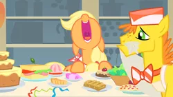 Size: 1280x720 | Tagged: safe, derpibooru import, screencap, applejack, carrot cake, earth pony, pony, a bird in the hoof, bandana, food, hatless, missing accessory, nose in the air, open mouth, uvula, volumetric mouth