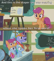 Size: 1280x1440 | Tagged: safe, derpibooru import, edit, edited screencap, editor:eagle1division, screencap, bow hothoof, rainbow dash, scootaloo, windy whistles, pony, parental glideance, chalkboard, classroom, comic, concerned, dialogue, diaper, embarrassed, fans, flag, hat, leaning, notebook, rainbow dash's parents, reality ensues, scrapbook, too much information, why, wide eyes