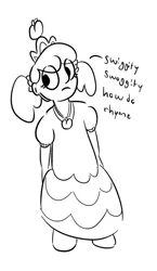 Size: 379x652 | Tagged: artist:heretichesh, clothes, crown, derpibooru import, dress, jewelry, meme, monochrome, oc, oc:peach, offspring, parent:apple bloom, regalia, safe, satyr, solo, unofficial characters only