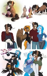 Size: 3500x5623 | Tagged: safe, artist:askbubblelee, derpibooru import, oc, oc:bubble lee, oc:hazel nutt, oc:imago, oc:macadamia nutt, oc:singe, oc:walter nutt, unofficial characters only, anthro, earth pony, pegasus, pony, unguligrade anthro, unicorn, absurd resolution, anthro oc, anthro with ponies, carrying, close friends, clothes, cute, dialogue, drinking, female, friends, glasses, hat, height difference, male, mare, milestone, size difference, stallion, top hat, trio, tuxedo, unamused