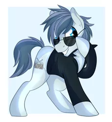 Size: 1024x1120 | Tagged: safe, artist:daydreamsyndrom, derpibooru import, oc, oc:rhythm, unofficial characters only, earth pony, pony, clothes, grin, male, raised hoof, shirt, simple background, smiling, solo, stallion, sunglasses