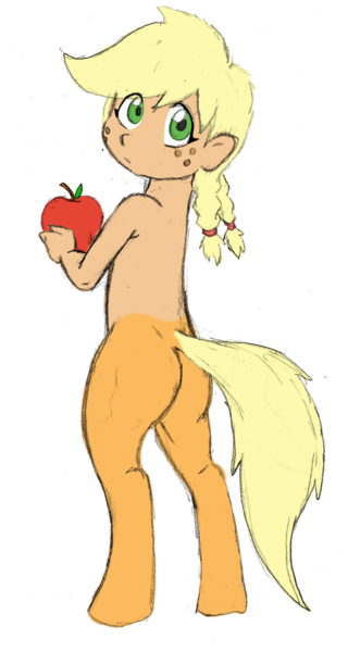 Size: 799x1500 | Tagged: apple, artist:dj-black-n-white, colored, color edit, derpibooru import, edit, editor:color anon, food, nudity, oc, oc:cinnamon cider, offspring, parent:applejack, satyr, simple background, solo, suggestive, transparent background, unofficial characters only