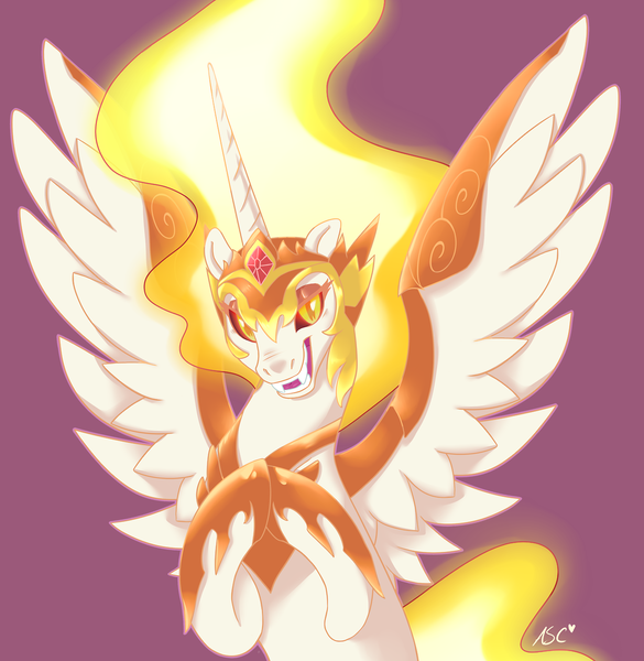 Size: 1280x1313 | Tagged: safe, artist:mlpfwb, derpibooru import, daybreaker, alicorn, pony, a royal problem, fangs, female, helmet, mane of fire, mare, open mouth, purple background, simple background, smiling, solo, spread wings, wings