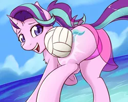 Size: 1280x1024 | Tagged: safe, artist:fearingfun, derpibooru import, starlight glimmer, pony, unicorn, adorasexy, ball, beach, bikini, clothes, cute, dutch angle, female, glimmer glutes, glimmerbetes, happy, image, mare, plot, png, purple swimsuit, sarong, sexy, smiling, solo, swimsuit, thong swimsuit, volleyball