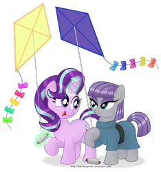 Size: 2000x2136 | Tagged: safe, artist:aleximusprime, derpibooru import, maud pie, starlight glimmer, earth pony, pony, unicorn, rock solid friendship, clothes, cute, duo, female, glimmerbetes, glowing horn, kite, magic, mare, simple background, smiling, transparent background, when she smiles