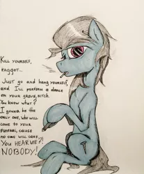 Size: 1465x1769 | Tagged: safe, artist:incrediblepanzer, derpibooru import, screw loose, earth pony, pony, cigarette, female, mare, solo, text, traditional art, vulgar