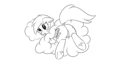 Size: 1280x720 | Tagged: safe, artist:andelai, derpibooru import, derpy hooves, pony, black and white, butt, buttstuck, cloud, dock, female, grayscale, monochrome, plot, simple background, sketch, solo, stuck, underhoof, white background