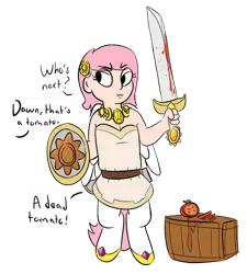Size: 638x710 | Tagged: artist:heretichesh, buckler, colored, color edit, derpibooru import, edit, editor:color anon, food, misleading thumbnail, oc, oc:dawn, offscreen character, offspring, parent:anon, parent:princess celestia, safe, satyr, shield, simple background, solo, sword, tomato, transparent background, unofficial characters only, weapon