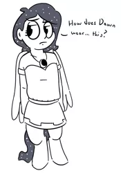 Size: 589x841 | Tagged: artist:heretichesh, clothes swap, derpibooru import, monochrome, oc, oc:selene, offspring, parent:anon, parent:oc:anon, parent:princess luna, safe, satyr, simple background, solo, unofficial characters only, white background