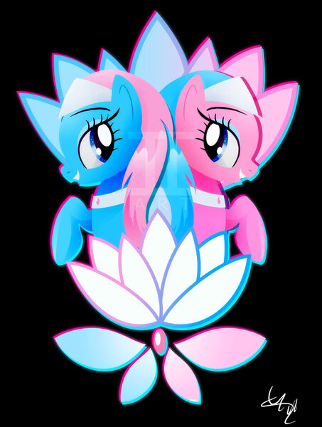 Size: 600x795 | Tagged: safe, artist:ii-art, derpibooru import, aloe, lotus blossom, earth pony, pony, black background, cute, duo, female, mare, simple background, smiling, spa twins, spaww twins