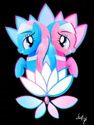 Size: 600x795 | Tagged: safe, artist:ii-art, derpibooru import, aloe, lotus blossom, earth pony, pony, black background, cute, duo, female, mare, simple background, smiling, spa twins, spaww twins