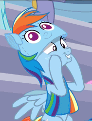 Size: 816x1080 | Tagged: safe, derpibooru import, screencap, bow hothoof, rainbow dash, windy whistles, pony, parental glideance, animated, clothes, costume, cropped, cute, dressed up, excited, gif, invisible stallion, lip bite, offscreen character, out of context, rainbow dash costume, squishy cheeks, windybetes