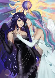 Size: 2480x3508 | Tagged: artist:momori68, beautiful, clothes, derpibooru import, dress, duo, eclipse, evening gloves, eyes closed, female, gloves, horned humanization, horns are touching, human, humanized, lipstick, long gloves, princess celestia, princess luna, royal sisters, safe, sisters, winged humanization, wings
