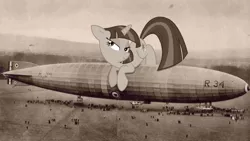Size: 1920x1081 | Tagged: safe, artist:germanbeez, derpibooru import, twilight sparkle, human, pony, airship, giant pony, irl, irl human, macro, mega twilight sparkle, photo, ponies in real life, sepia, zeppelin