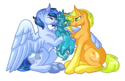 Size: 4850x3169 | Tagged: safe, artist:amazing-artsong, derpibooru import, oc, oc:blue razzberry, oc:citrus tang, oc:feather light, unofficial characters only, pegasus, pony, unicorn, absurd resolution, gay, high res, magical gay spawn, male, oc x oc, offspring, shipping, simple background, stallion, transparent background