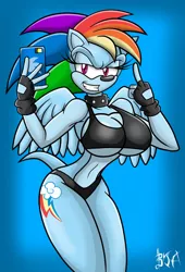 Size: 800x1176 | Tagged: anthro, artist:darklamprey, backwards cutie mark, bikini, breasts, busty rainbow dash, clothes, collar, crossover, derpibooru import, female, fingerless gloves, fusion, gloves, middle finger, rainbow dash, rainic, selfie, solo, solo female, sonicified, sonic the hedgehog, sonic the hedgehog (series), suggestive, swimsuit, vulgar