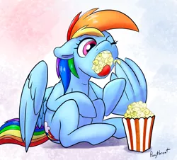Size: 900x813 | Tagged: safe, artist:ponythroat, derpibooru import, edit, rainbow dash, pony, eating, food, open mouth, popcorn, questionable source, sfw edit, solo, wing hands, wing hold