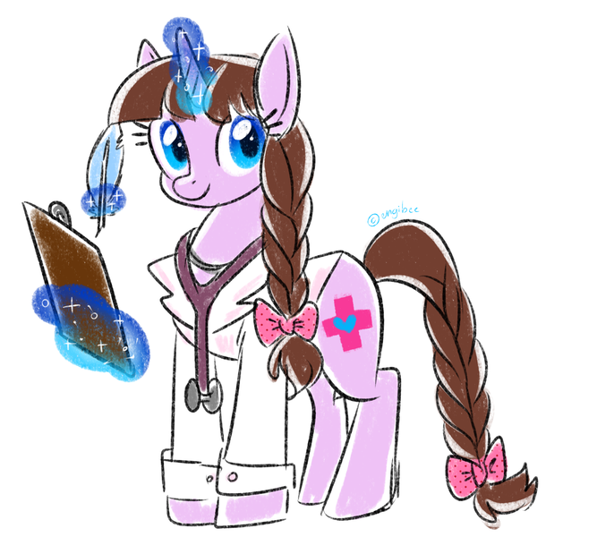 Size: 4056x3647 | Tagged: safe, artist:kaikururu, derpibooru import, oc, unofficial characters only, pony, absurd resolution, bow, braid, braided tail, clipboard, doctor, hair bow, magic, quill, simple background, solo, stethoscope, tail bow, white background