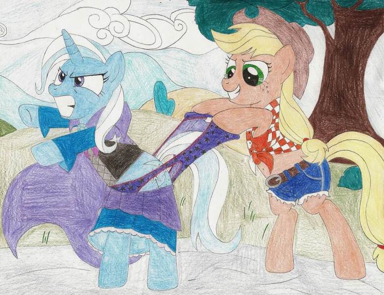 Size: 1024x787 | Tagged: safe, artist:wjmmovieman, derpibooru import, applejack, trixie, pony, unicorn, belly button, blue underwear, clothes, daisy dukes, female, frilly underwear, front knot midriff, mare, midriff, panties, shorts, star print underwear, underwear, wedgie