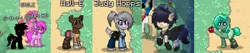 Size: 976x205 | Tagged: safe, derpibooru import, screencap, pinkie pie, ponified, android, earth pony, pony, robot, shadow pony, unicorn, pony town, apple, boop, c:, clothes, female, floating, food, grin, hoof hold, judy hopps, male, mare, nier: automata, rabbit pony, raised hoof, skirt, smiling, socks, stallion, standing, wall-e, zootopia