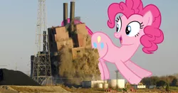 Size: 2600x1365 | Tagged: safe, artist:slb94, artist:theotterpony, derpibooru import, pinkie pie, earth pony, pony, butt bump, butt smash, demolition, giant pony, highrise ponies, irl, macro, photo, ponies in real life, solo, story included