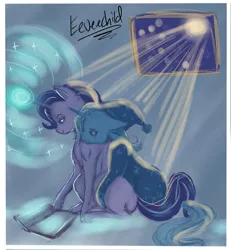 Size: 1653x1791 | Tagged: safe, artist:eeveechild, derpibooru import, starlight glimmer, trixie, pony, unicorn, book, clothes, female, lesbian, magic, mare, pajamas, shipping, sleepy, startrix, tired