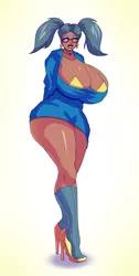 Size: 653x1300 | Tagged: artist:annon, big breasts, bimbo, breasts, busty gretchen, cleavage, clothes, derpibooru import, ear piercing, earring, eyelashes, eyeshadow, female, gretchen, high heels, huge breasts, human, humanized, jewelry, lipstick, makeup, piercing, sideass, socks, solo, solo female, suggestive, thigh highs, wide hips