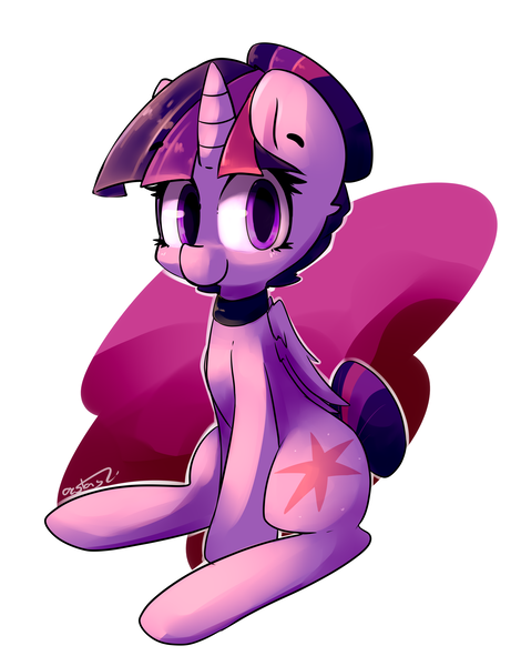 Size: 3915x5000 | Tagged: safe, artist:bloodatius, derpibooru import, twilight sparkle, twilight sparkle (alicorn), alicorn, pony, absurd resolution, alternate hairstyle, choker, cute, female, hair bun, hnnng, looking at you, mare, simple background, sitting, smiling, solo, tail bun, twiabetes, white background