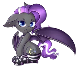 Size: 3416x2927 | Tagged: safe, artist:ashee, derpibooru import, oc, oc:splash, unofficial characters only, bat pony, pony, bat wings, choker, clothes, cute, ear piercing, floppy ears, grumpy, lip piercing, looking at you, piercing, simple background, sitting, skull socks, snake bites, socks, solo, spread wings, tiny tail, transparent background, wings