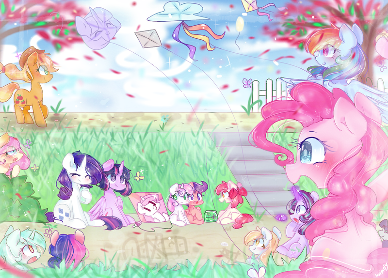 Size: 1530x1098 | Tagged: safe, artist:windymils, derpibooru import, apple bloom, applejack, bon bon, derpy hooves, fluttershy, lyra heartstrings, pinkie pie, princess celestia, rainbow dash, rarity, scootaloo, starlight glimmer, sweetie belle, sweetie drops, twilight sparkle, twilight sparkle (alicorn), alicorn, pony, cutie mark crusaders, kite, kite flying, mane six, pink-mane celestia, sitting